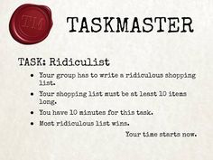 a red wax stamp on top of a white piece of paper with the words taskmaster