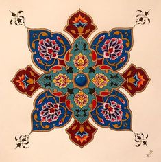 an intricately designed tile with blue, red and yellow designs on the bottom half