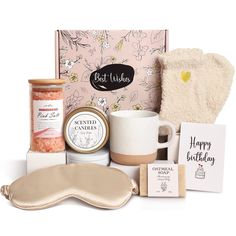 the best wishes hamper gift set includes an eye mask, coffee mug, and cookies