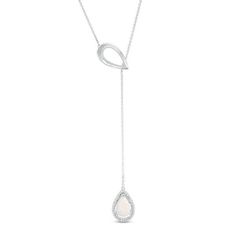 She’ll admire the fashion-forward look of this exquisite lariat necklace. Crafted in sterling silver, this unique design features a 9.0 x 6.0mm pear-shaped lab-created iridescent opal cabochon wrapped in a frame of sparkling petite diamonds and suspended from a length of chain. Above, a sculpted teardrop outline glistens with a polished finish and a coin-edged texture along the inside. Captivating with 1/10 ct. t.w. of diamonds and a brilliant buffed luster, this 20.0-inch necklace secures with Timeless Teardrop Pendant Drop Necklace, Elegant Adjustable Teardrop Drop Necklace, Luxury Sterling Silver Lariat Necklace, Elegant Sterling Silver Drop Necklace In White Gold, Fine Jewelry Long Drop Lariat Necklace, Elegant White Gold Sterling Silver Drop Necklace, Elegant Briolette Drop Necklace, Formal Drop Lariat Necklace With Adjustable Chain, Delicate Drop Lariat Necklace For Formal Occasions