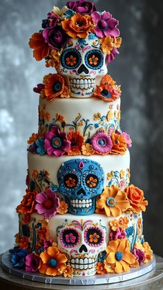 a multi layer cake decorated with sugar skulls and flowers