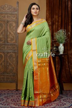 Crafted from luxurious bomkai silk, this saree showcases the traditional weaving technique of Orissa, also known as sonepuri silk. The pistachio green fabric is adorned with intricate golden zari work along the border, adding a touch of elegance and sophistication. This saree comes with a matching blouse piece, making it a complete traditional ensemble.The bomkai silk fabric is known for its lightweight and comfortable feel, making it an ideal choice for special occasions or everyday wear. Elevate your wardrobe with this timeless piece that combines tradition and modern style seamlessly. Perfect for gifting or treating yourself to an exquisite saree, this pistachio green silk bomkai saree is a must-have for any Indian traditional wear collection.Saree Length : 5.5 Mtr Blouse Piece Length : Green Raw Silk Handloom Traditional Wear, Green Handloom Raw Silk Traditional Wear, Green Katan Silk Saree With Weaving Work, Green Katan Silk Traditional Wear With Weaving, Green Raw Silk Traditional Wear For Puja, Green Traditional Wear With Weaving Work For Festivals, Green Banarasi Silk Saree With Weaving Work, Green Chanderi Traditional Wear With Weaving Work, Green Saree With Weaving Work For Festivals