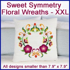 an image of a pillow with flowers on it and the text sweet symmetrical floral wreaths xxl