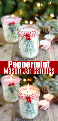 peppermint mason jar candles with christmas decorations