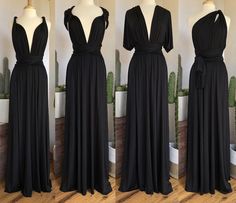 three different views of the same dress on mannequins, one in black