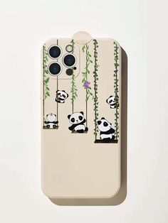 an iphone case with pandas and bamboo branches on the back, in front of a white background