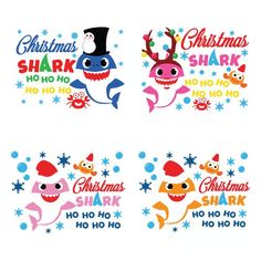 four christmas shark stickers with santa hats and snowflakes on the bottom one