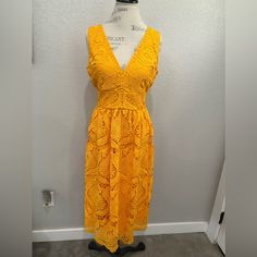 Absolutely Gorgeous Yellow Lace Sleeveless Dress. V-Neck. Banded Waist. Hidden Zipper In Back. Scalloped Hem. Fully Lined. Brought It Home, Cut Tags Off And Then Never Wore It. Size 4. Yellow Sleeveless Midi Dress For Date Night, Yellow Lace, Gianni Bini, Scalloped Hem, Hidden Zipper, Lace Dress, Sleeveless Dress, Size 4, Bring It On