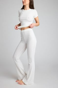 Pointelle Flare Pant in White Pointelle Fabric, Silk Sleepwear, Flare Pant, Silk Cami, Mini Short, Dress Robes, Boy Shorts, Flare Pants, Infant Tees