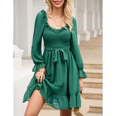 Dark Green Pleated Ruffled Hem Chiffon Mini Dress Elegant Chiffon Ruffle Dress For Brunch, Casual Chiffon Party Dress With Ruffles, Casual Party Chiffon Dress With Ruffles, Casual Chiffon Dress With Ruffles For Party, Knee-length Chiffon Mini Dress With Ruffles, Ruffled Chiffon Mini Dress For Brunch, Chiffon Mini Ruffle Dress With Ruffle Hem, Chiffon Ruffle Dress With Mini Length, Mini Chiffon Dress With Ruffles For Brunch