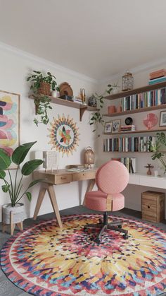 a living room with a rug, desk and bookshelf