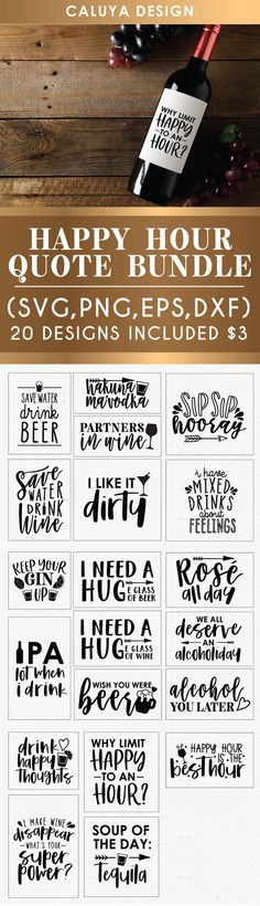 a poster with the words happy hour written in different font styles and colors on it