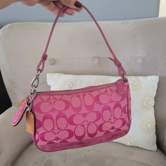 Vintage Coach Y2k Signature C Canvas Leather Suede Demi Baguette Shoulder Bag 6094 Used- Photos With Rubbing And Marks/ Stains Vintage Pink Coach Bag, 2000s Coach Bag, Vintage Coach Shoulder Bag, Coach Bag Pink, Thrifting Manifestation, Demi Baguette, Pink Coach Bag, Pink Coach Purse, Pink Coach Purses