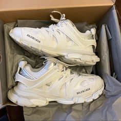 Size 44 White/White Track Sneakers *Last Buyer Never Paid So Item Was Not Sold Luxury Black Sneakers With Ventilation, Designer Sneakers With Cushioned Footbed For Streetwear, Luxury White Sneakers With Cushioned Footbed, Designer White Sneakers With Laces, Balenciaga Track Sneakers, Track Sneakers, White Balenciaga, New Jordans Shoes, Balenciaga Sneakers