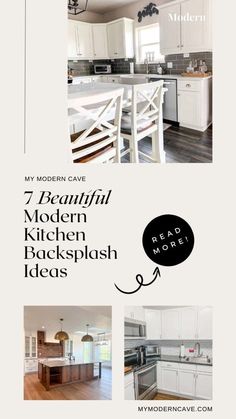 a kitchen with white cabinets and wooden floors is featured in this postcard for my modern cave