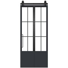 an open glass door with metal bars on the sides and side panels, in front of a white background