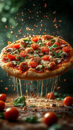 a pizza being tossed in the air with tomatoes and basil sprinkled on it