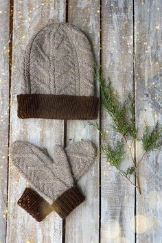 two knitted mittens sitting on top of a wooden table