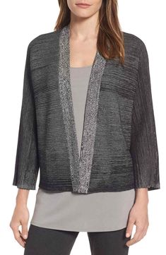 Eileen Fisher Textured Silk & Organic Cotton Cardigan Medium in Black, Bone Rich texture is back in season with the striated silk-blend knit of this easy drop-shoulder cardigan contrasted with marled trim. 23"length No closure V-neck 3/4 bracelet sleeves Exposed back seam 80% silk, 20% organic cotton Hand wash, dry flat XXS=0, XS=2-4, S=6-8, M=10-12, L=14-16, XL=18. Eileen Fisher Style, Edgy Fashion Chic, Drop Shoulder Cardigan, Edgy Chic, Nordstrom Anniversary Sale, Cardigan Black, Cotton Cardigan, Black Cardigan, Eileen Fisher