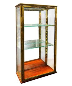 a glass and wood display case with three shelves on each side, one shelf is empty