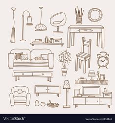 hand drawn furniture and decor items in black and white royalty illustration for interior design stock photo