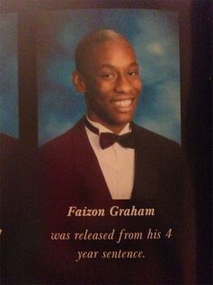 a man in a tuxedo is smiling at the camera and has an ad on it