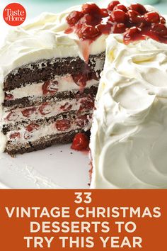 german black forest cake with white frosting and cranberry toppings on top