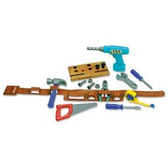 tools are laid out on the table to be used in this construction activity set, including hammers, pliers and drillers