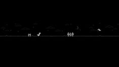 an animated black and white image of people walking in the dark with cactuses on either side