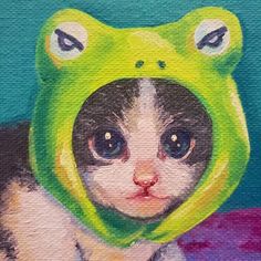 a painting of a cat wearing a frog costume