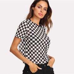 Material: Polyester, Spandex, 95% Polyester 5% Spandex • Sleeve Length (Cm): Short • Style: Regular, Casual, Sexy • Decoration: None • Collar: O-Neck • Type: Tops, Tees, Plaid, Broadcloth, Plaid • Fabric: Fabric Is Very Stretchy Y2k Style Black Mesh Top For Summer, Black Y2k Mesh Top For Summer, Y2k Black Mesh Top For Summer, Black Y2k Stretch Mesh Top, Black Stretch Mesh Top Y2k Style, Black Stretch Mesh Top In Y2k Style, Trendy Stretch Mesh Top With Crew Neck, Y2k Style Crew Neck Mesh Top For Summer, Summer Stretch Mesh Top With Graphic Print