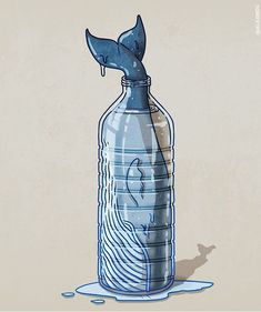 a drawing of a bottle with a whale tail sticking out of it