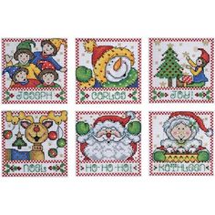 four cross stitch christmas cards with santa claus and other characters on them, hanging from a pine tree