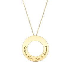 The 14k Grand Personalized Circle Disc can fit up to 30 characters. Tell your story by adding the names of your loved ones or a phrase that means the world to you.

Size: 30mm (~1.25") Diameter

Hidden bale on back
Solid 14K Gold
Lifetime Guarantee
Made in Los Angeles Custom Gold Jewelry, Personalized Gold Jewelry, Special Gifts For Her, Solid Gold Necklace, Gold Gifts, Gold Engraving, Custom Name Necklace, Bar Bracelets, Disc Necklace