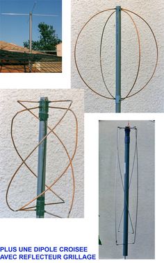 four different views of the same pole with wires and poles attached to it, including an antenna