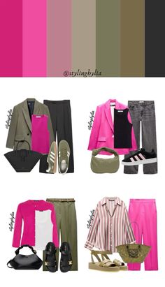 Khaki Colour Combinations Outfit, Khaki Colour Combination, Fuchsia Outfit Ideas Color Combos, Sheek Outfits Classy, Olive Green And Pink Outfit, Fuchsia Color Combination, Color Outfit Combinations, Khaki Color Combination, Pink Casual Outfit