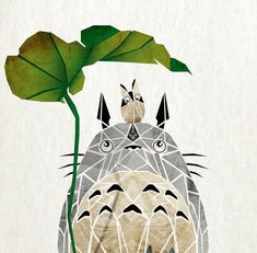 a drawing of a totoro holding a leaf