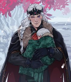 an anime character with white hair holding a baby in his arms while walking through the snow