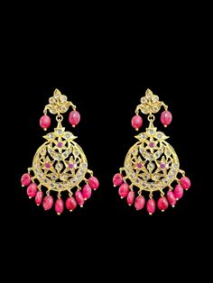 Gold plated Rani haar earrings set length on each side 13.8 inches real ruby beads used clear stones - Cz Polki earrings 2.3 inches Traditional Festival Earrings With Stones, Ruby Chandbali Earrings With Stone Work, Festive Stone Earrings, Kundan Earrings With Stones For Celebration, Temple Jewelry Earrings With Stones For Celebration, Festive Earrings With Stones As Gift, Festive Ruby Jeweled Earrings, Red Kundan Jeweled Earrings, Red Jeweled Kundan Earrings