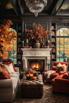 a living room filled with furniture and a fire place in front of a fireplace surrounded by windows