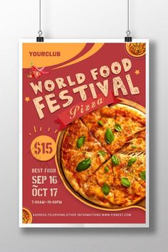 a flyer for a world food festival with pizza on the front and green leaves on the back