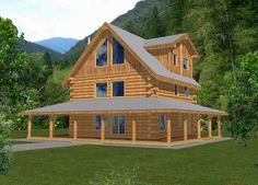 a large log cabin with a wraparound porch and covered patio in front of mountains