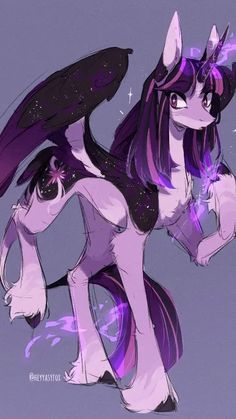 a drawing of a pony with purple hair and black wings on it's back