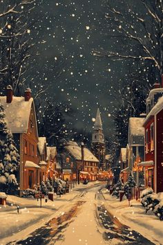 a painting of a snowy street with houses and trees in the background, at night