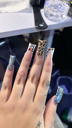 Coi Leray Nails, Nails Freestyle Design, Cheetah Duck Nails, Freestyle Nail Designs, Cute Freestyle Nails, Junk Nail Designs, Cute Duck Nails, Nail Freestyle, Duck Nail Designs