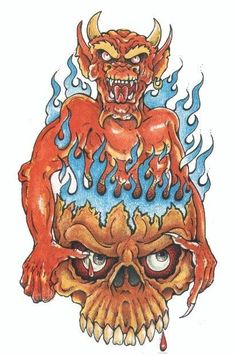 a drawing of a demon head with flames on it