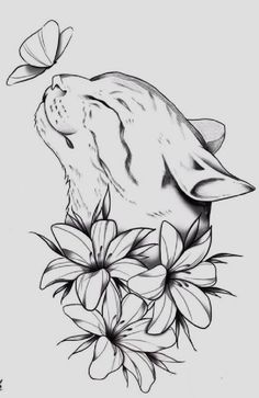 a drawing of a cat with flowers and butterflies on it's back side, in black and white