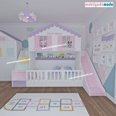 a child's room with a pink and white bunk bed, wooden flooring and stairs