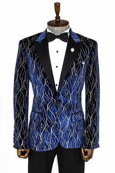 Slim Fit Navy Blue Gold Patterned Tuxedo Blazer – AlbertoNardoniStore Luxury Blue Blazer With Double Button Closure, Designer Single Button Party Blazer, Luxury Fitted Suits For Spring, Blue Tuxedo Blazer For Party, Blue Tuxedo Style Evening Outerwear, Designer Suits With Lapel Collar For Parties, Royal Fitted Blazer For Party, Blue Long Sleeve Party Suit, Long Sleeve Suits With Button Closure For Party