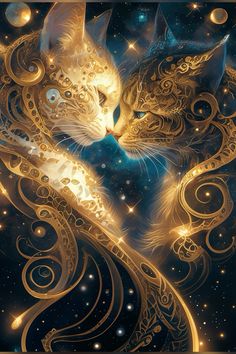 two cats are facing each other in front of the stars and swirls on the background